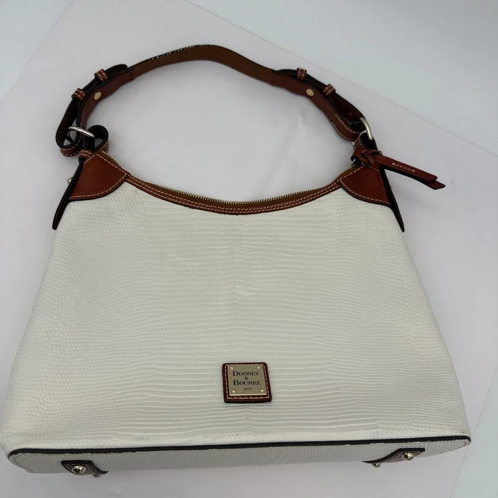 Dooney & Bourke Logo Plaque Shoulder Bag Bone Brown Gold Hardware Zip EUC